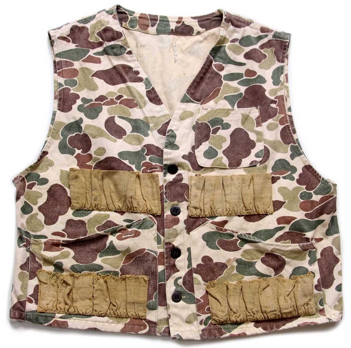 70s UNKNOWN ダックハンターカモ ダック地 ハンティングベスト ボロ ビンテージ オールド アウトドア ダメージ フェード 迷彩