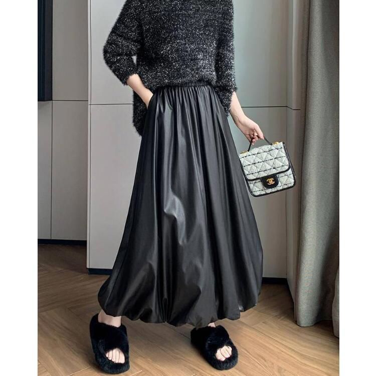 フェイクレザー 即 OK バルーンスカート 秋冬 レディース 大人 ロングスカート 黒 ボトムス スカート ロング丈 バルーン マキシスカート ウエストゴム ポケット コクーンスカート ハイウエスト 体型カバー 冬 weixz151 GULLKHAN_COM