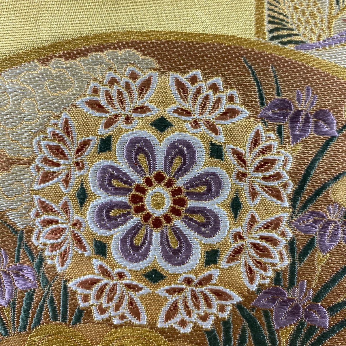 袋帯 逸品 華文 草花 金糸 刺繍 灰緑 六通 正絹 【中古】 袋帯 正絹