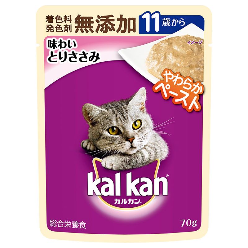 （まとめ買い）マース カルカン パウチ やわらかペースト 11歳から 味わいとりささみ 着色料・発色剤 無添加 70g 猫用フード 【&times;40セット】
