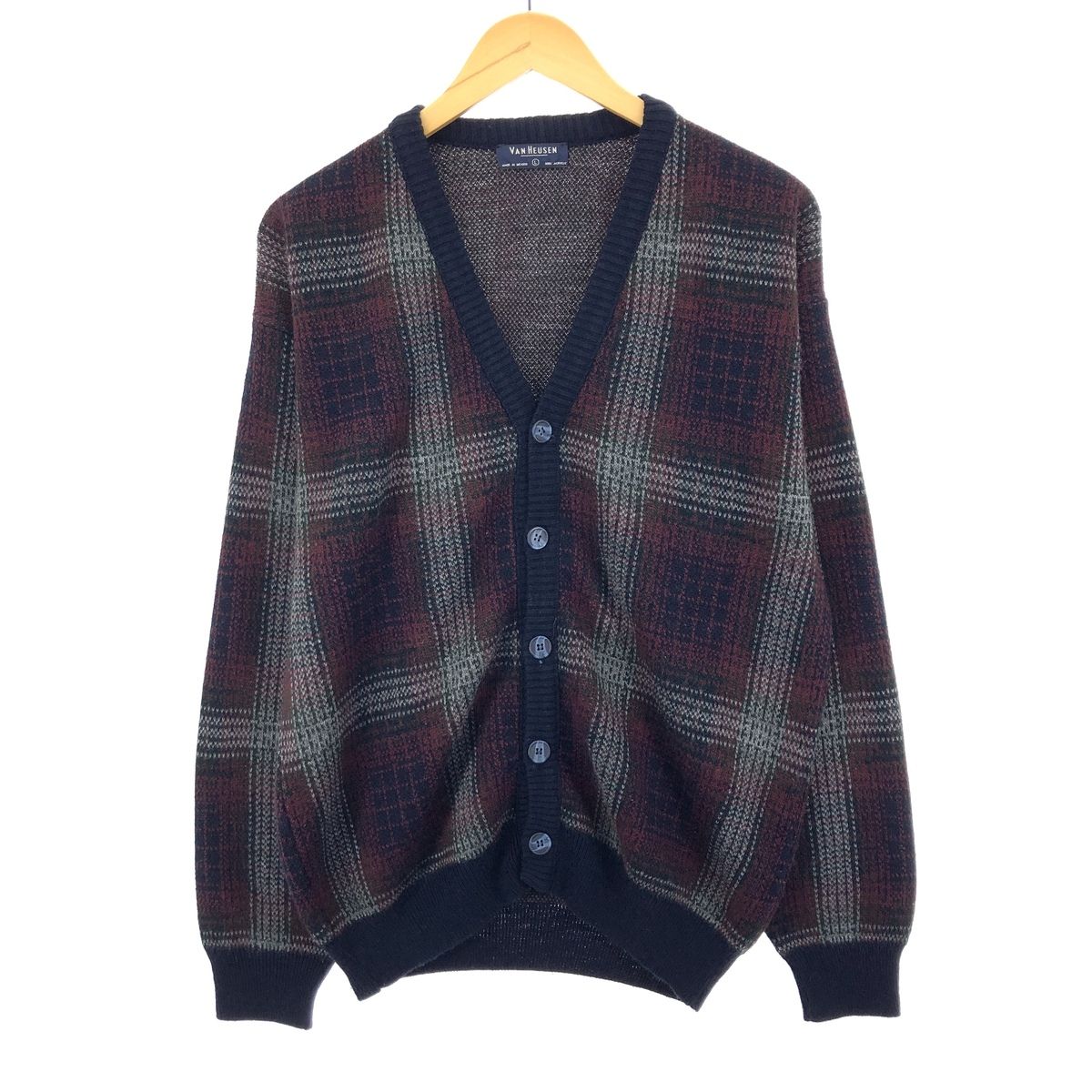 古着 ヴァンヒューゼン VAN HEUSEN チェック柄 アクリルニットカーディガン メンズL/eaa396397