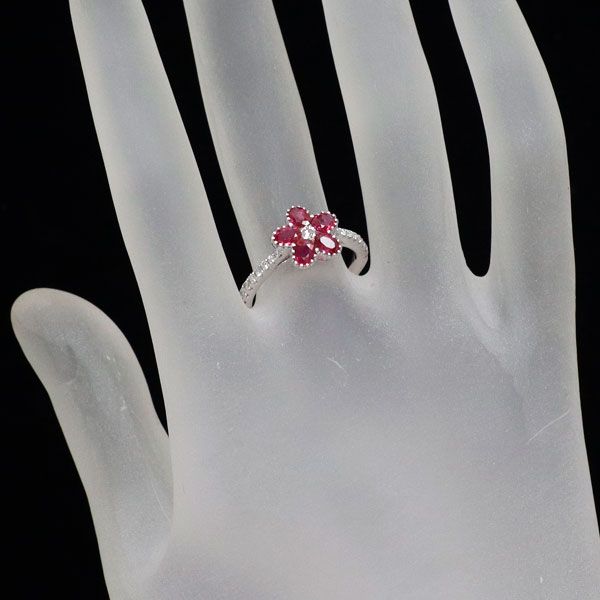 K18WG ルビー ダイヤモンド リング 1.02ct D0.29ct フラワー