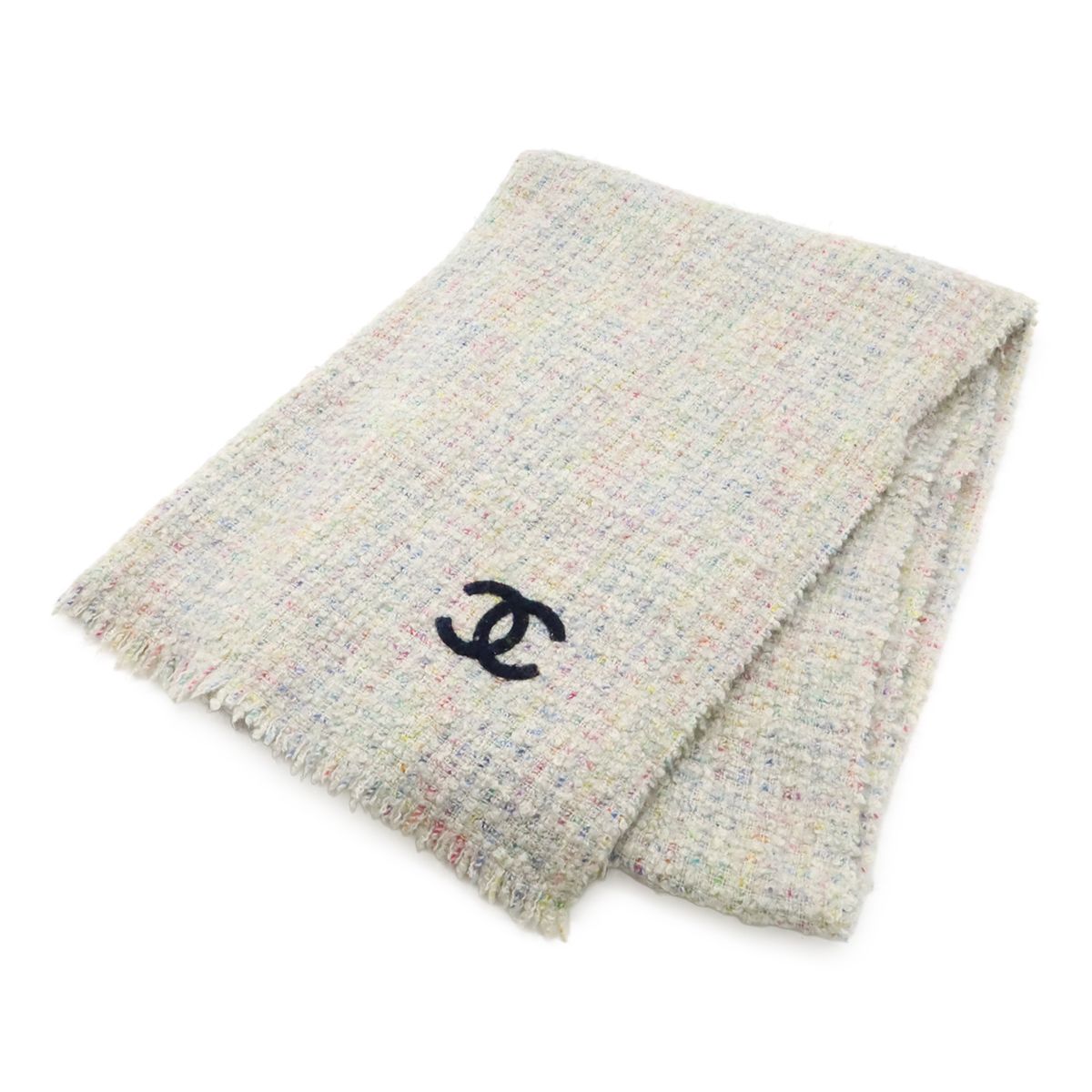 CHANEL シャネル ツイード ストール マフラー ショール ココマーク カシミヤ93% シルク7% ライトグレー マルチカラー
