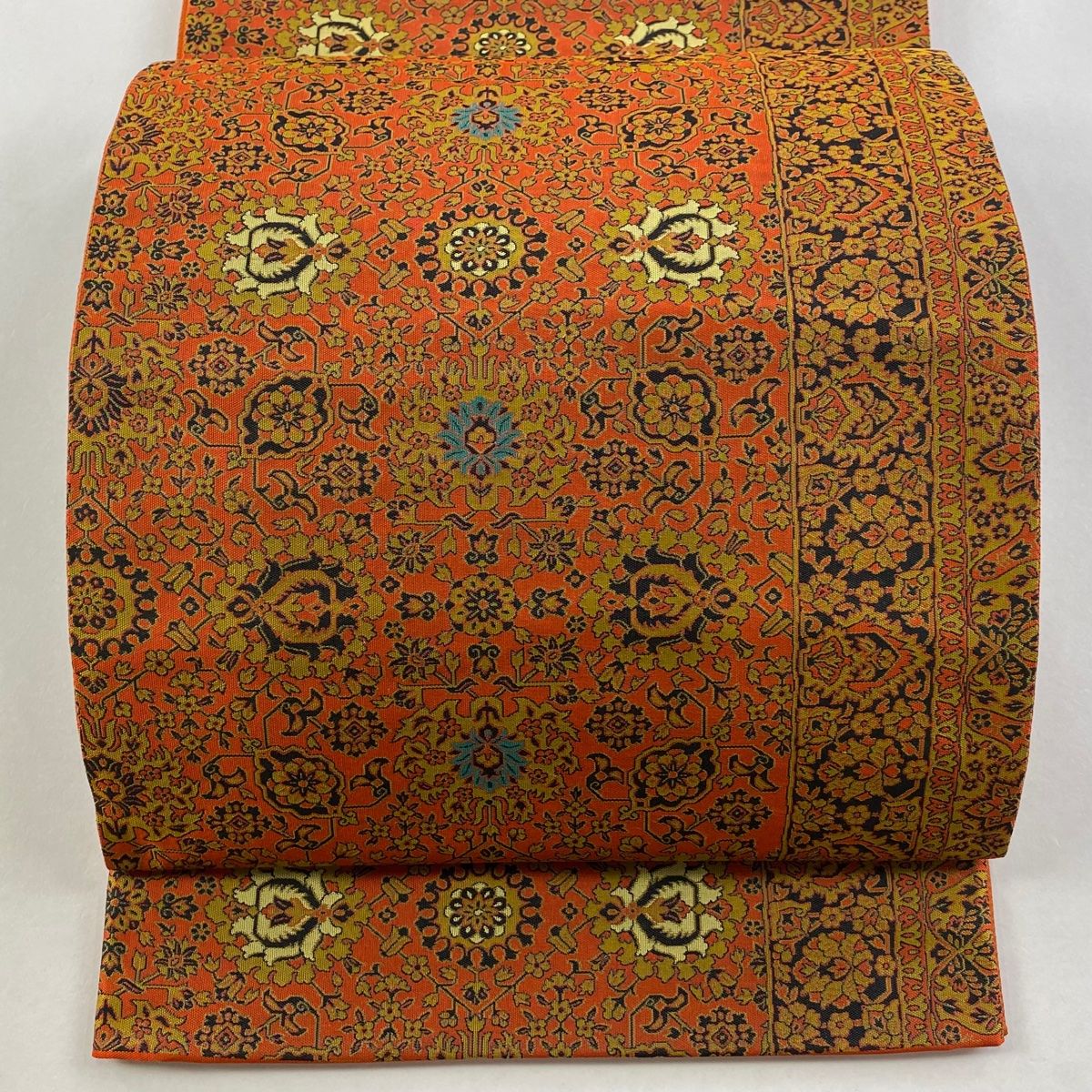 袋帯 秀品 落款 萬葉 華文 草花 オレンジ 全通 正絹