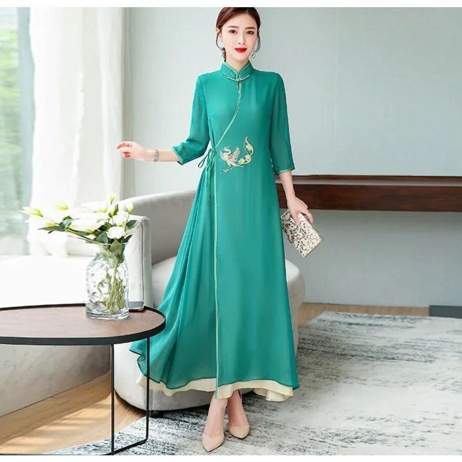 チャイナ風ワンピース レディース ロング丈 アオザイ風