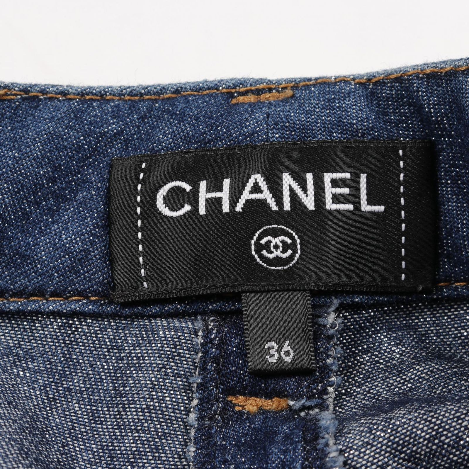 美品　CHANEL シャネル　コットンパンツ　ブルー　レッド　サイズ38 シャネル ココマーク 24年 コットン デニムパンツ 36 レディース