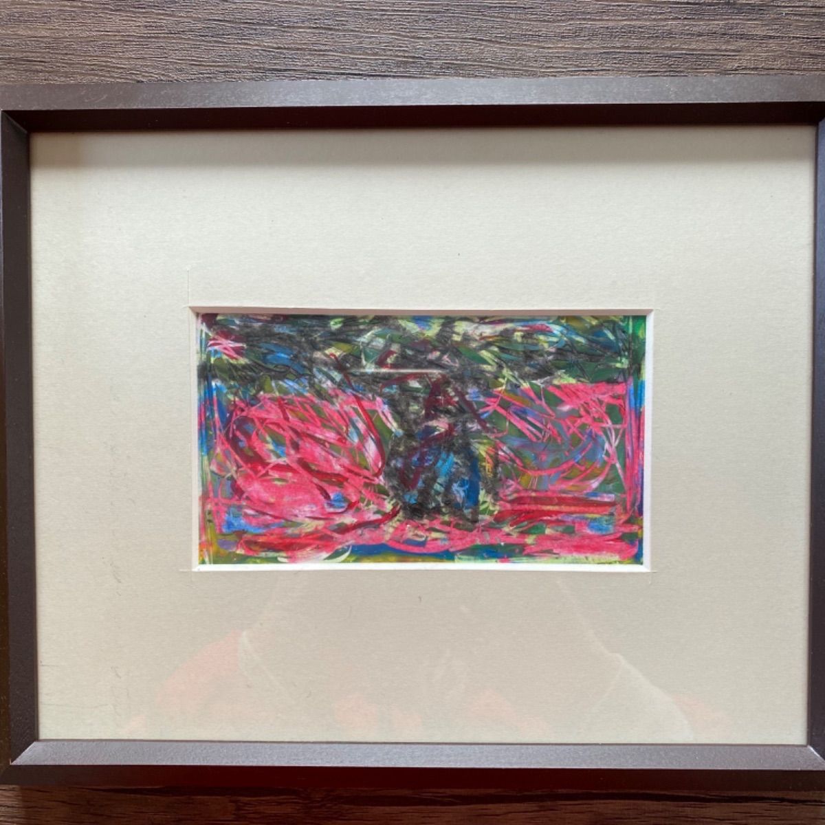絵画 抽象画 クレヨン画 原画 額(桜)付き 美品 装飾品