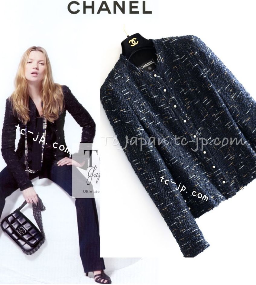 CHANEL - シャネル ジャケット CHANEL ブラック ネイビー メタリック パールボタン 女優着用 超美品 34 シャネル ジャケット CHANEL 春夏 サマー ツイード ブラック