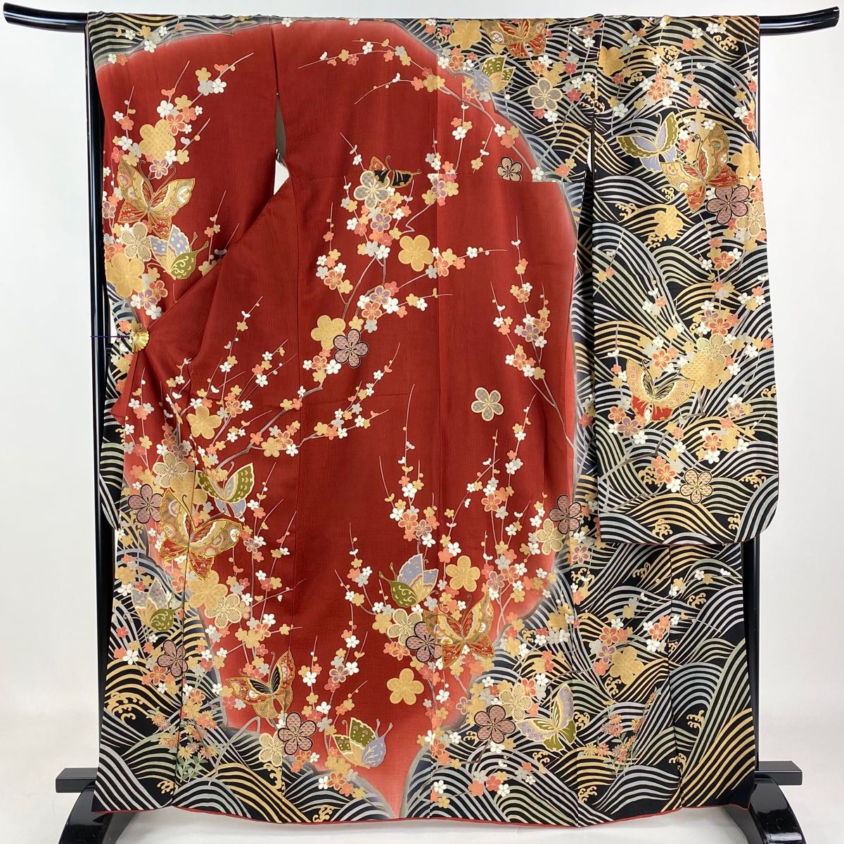 在庫一掃】 振袖 身丈165cm 裄丈69cm L 袷 枝梅 蝶 金糸 金彩 赤茶  