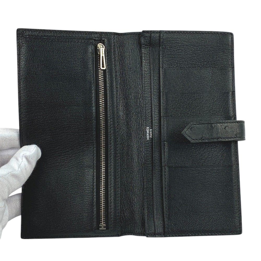 □中古□ エルメス ベアンスフレ 長財布 オーストリッチ ブラック Z刻  
