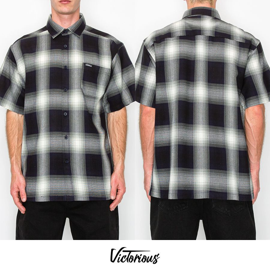 VICTORIOUS LA PLAID SHIRTS NAVY M L XL ヴィクトリアス 通販 メンズ 大きいサイズ チェックシャツ プレイドシャツ オープンシャツ ボタンシャツ 半袖 ショートスリーブ ネイビー 紺
