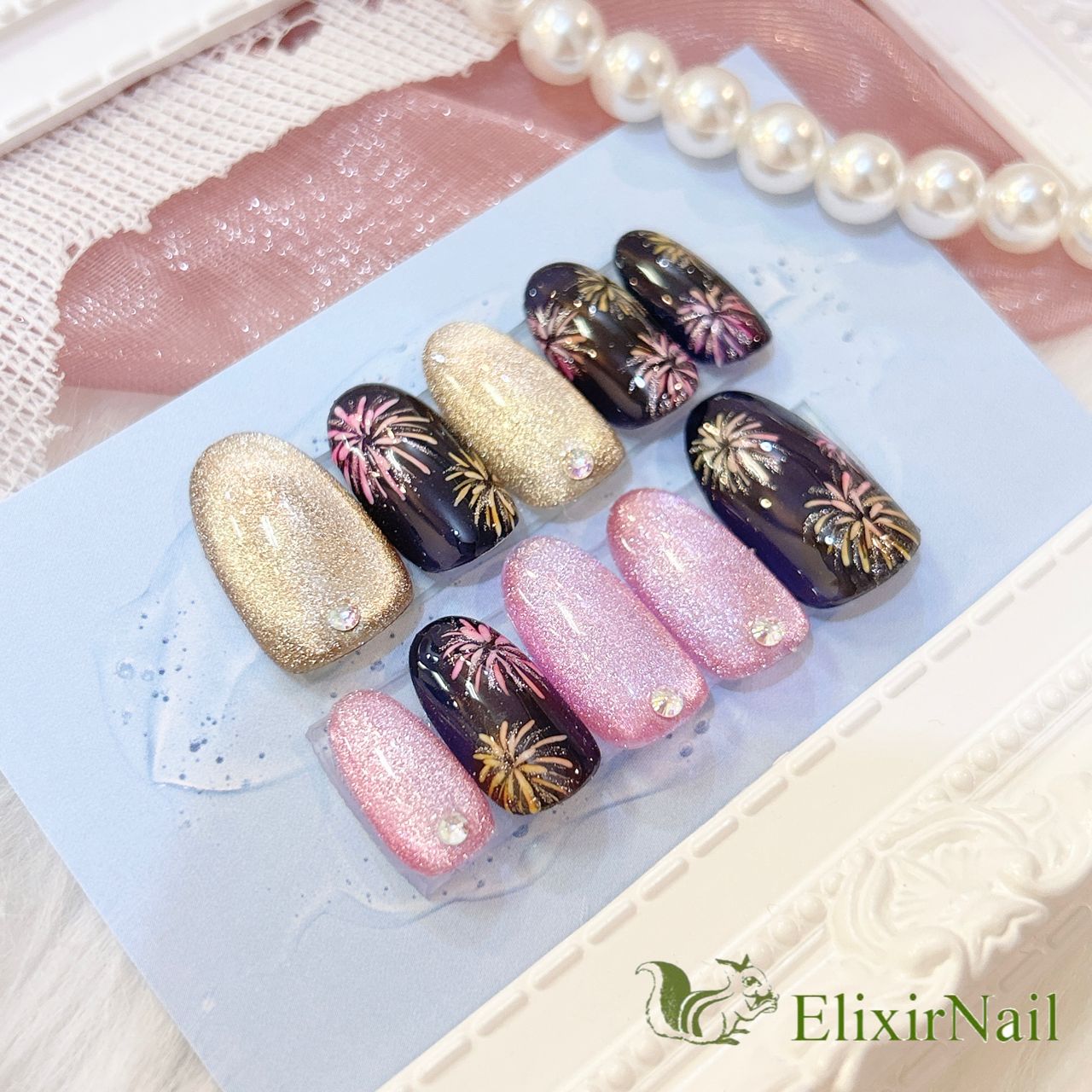 現品】ネイルチップ 花火 マグネット ピンク ゴールド - メルカリ