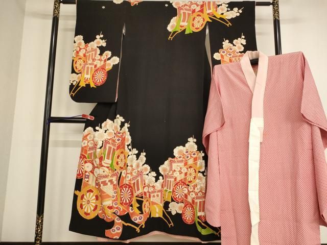 平和屋着物∵女の子 十三参り 子供 祝着 長襦袢 無双仕立て セット 駒刺繍 御所車梅文 黒地 金彩 AABB5617ja