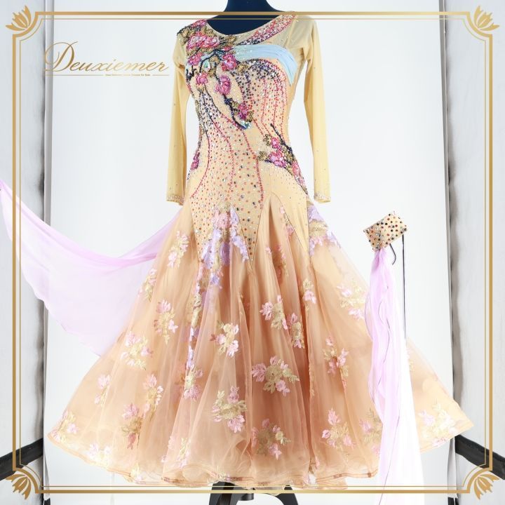 社交ダンス 衣装 ドレス ワンピース ドレス ベージュ 茶色 紫 フロート レース 刺繍 上品 感 デモ 競技 ダンス パーティ ベージュ系 パープル系 お洒落 色合い 珍しい スカート3枚重ね