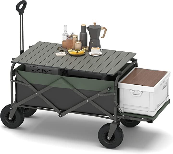 Nekou アウトドアワゴン キャリーワゴン テーブル付き キャリーカート 長物対応120L 耐荷重120kg 台車 折りたたみ 大型 タイヤ アウトドアキャリー 黒緑色