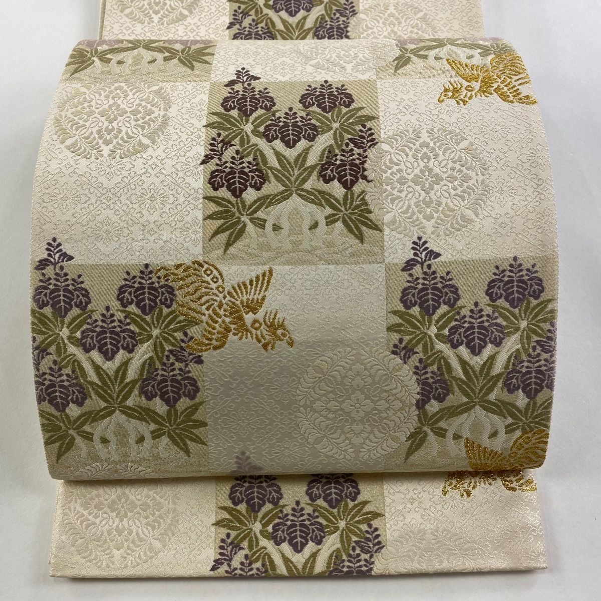 袋帯 落款 篠屋宗兵衛 市松 花鳥 唐織 箔 クリーム 全通 正絹