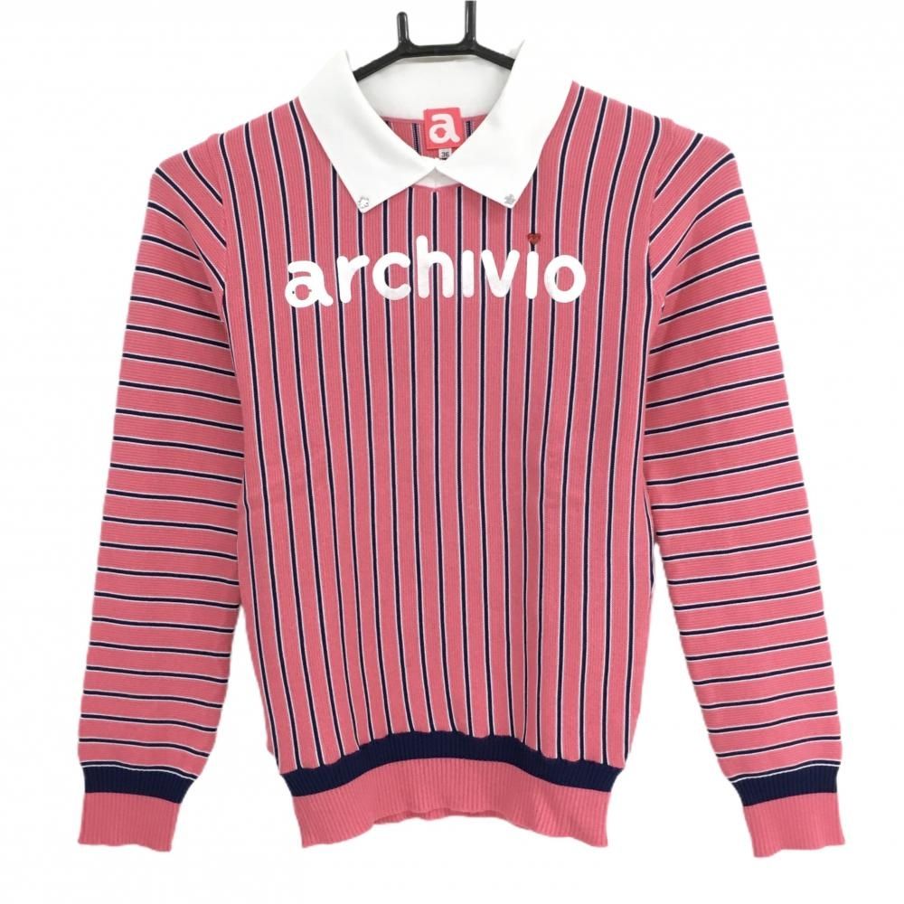 アルチビオ 襟付セーター ピンク×ネイビー ストライプ ウール混 ニット レディース 36 S ゴルフウェア archivio