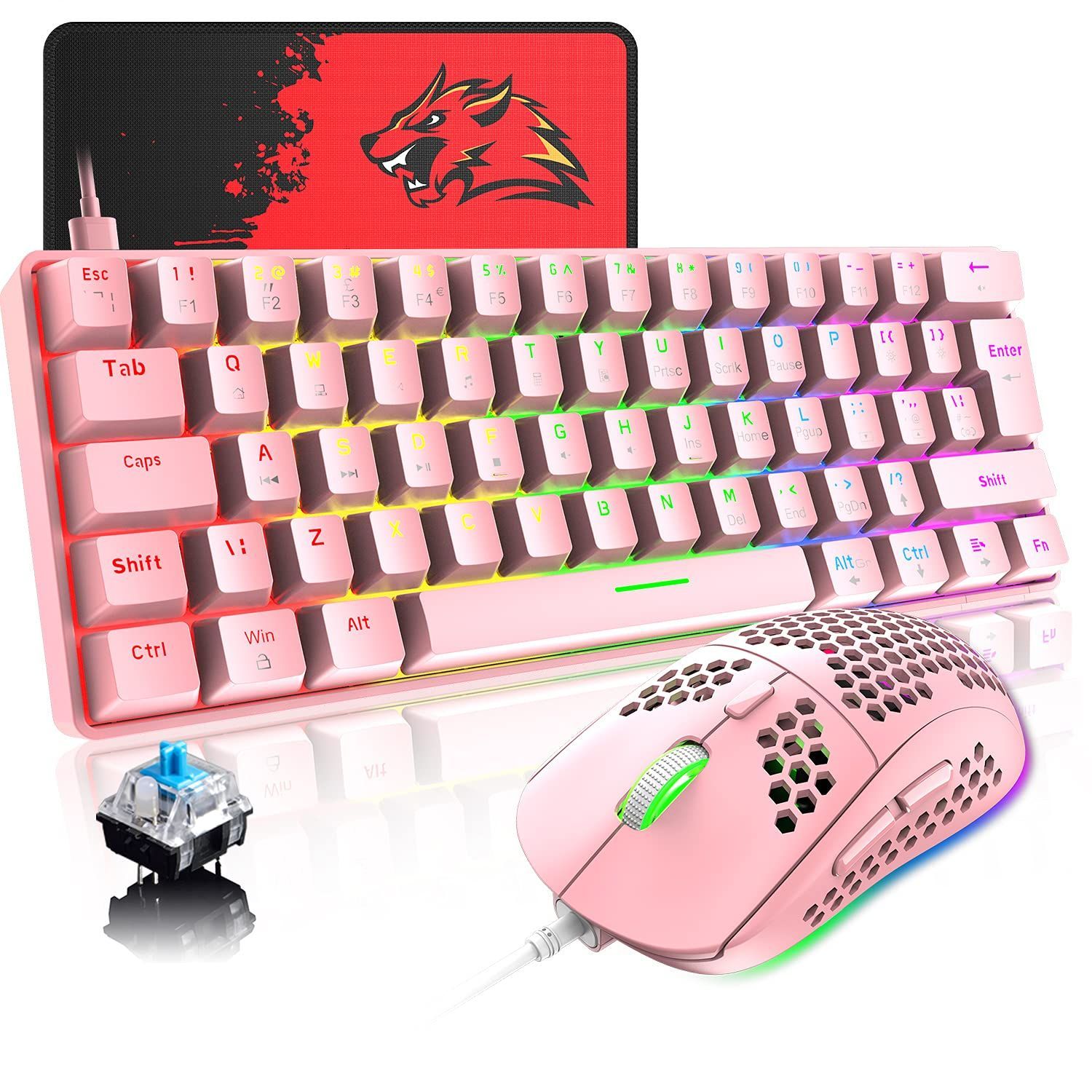 新品 MAMBASNAKE 60%ゲーミングキーボードマウスセット レインボーバックライト 62キー コンパクト 防衝突 usb有線 青軸 取り外し可能 キーキャップ UK配列 メカニカルゲームキーボード 6段階DPI RG