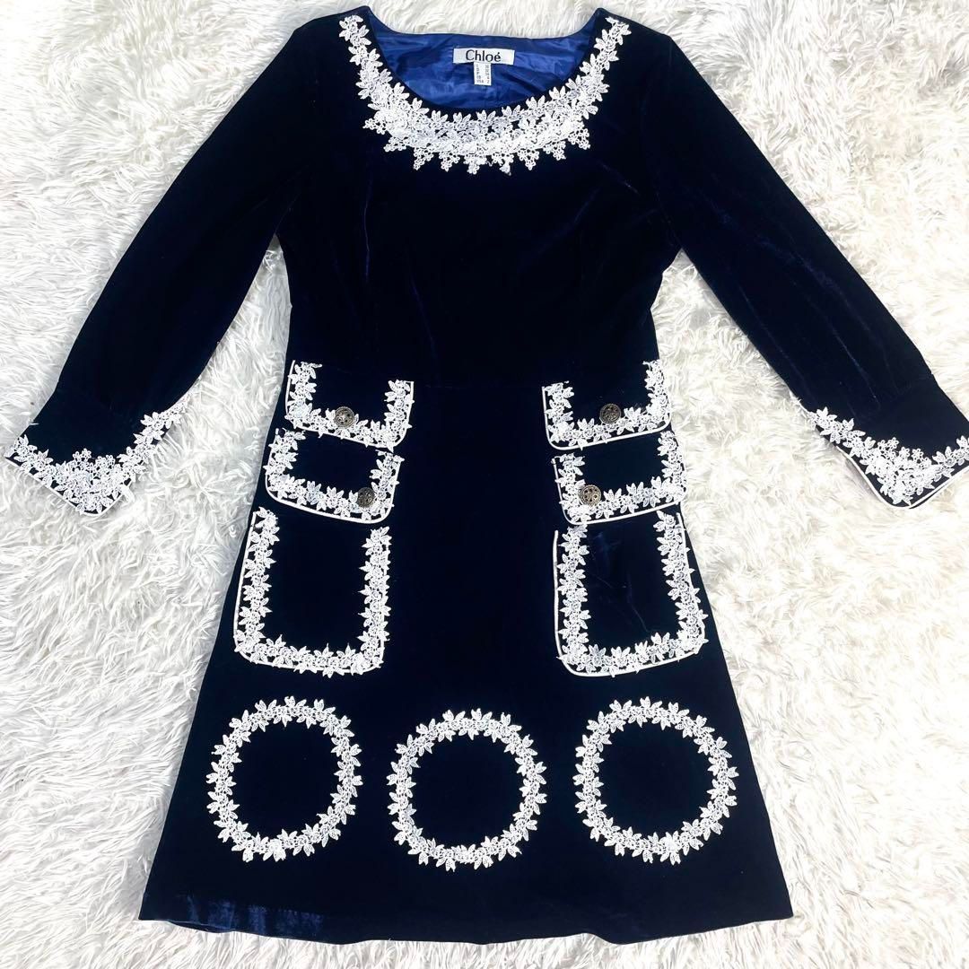 クロエ Chloe ベロア ワンピース 花柄レース パール 膝丈 レディース