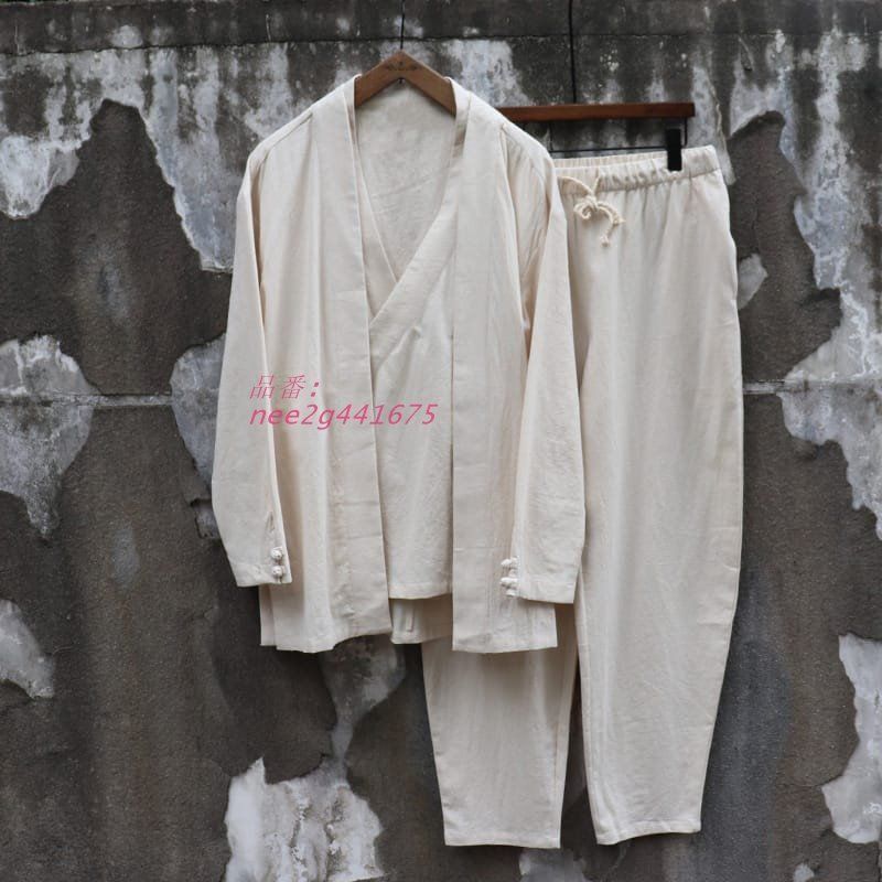 チャイナ服 ジャケット パンツ セットアップ メンズ カンフー 上下セット 重ね襟 年中 漢服 中華風 羽織 綿 重ね着 斜め襟 ne