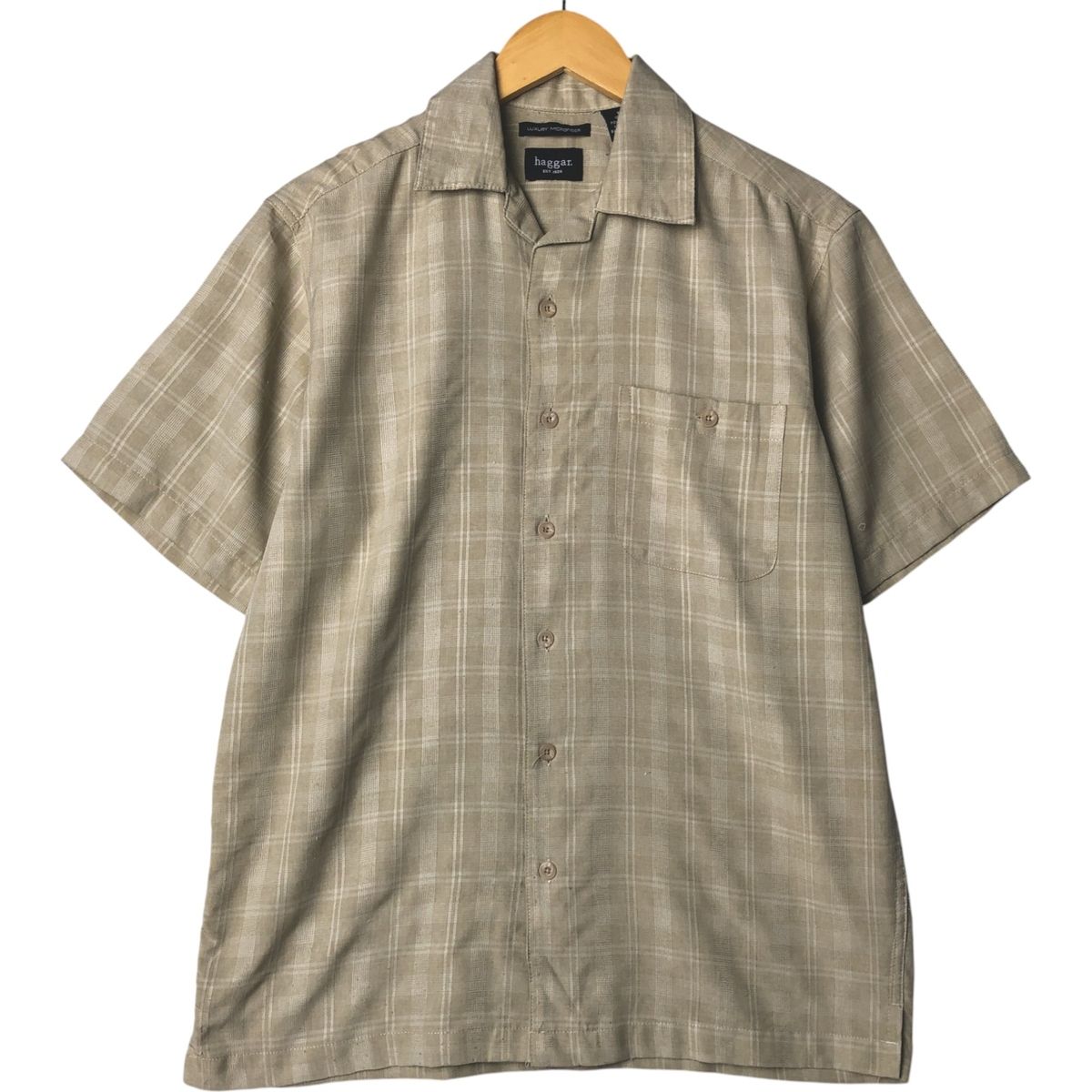 古着 ハガー HAGGAR チェック柄 半袖 オープンカラー ポリシャツ ボックスシャツ メンズS相当/eaa573377
