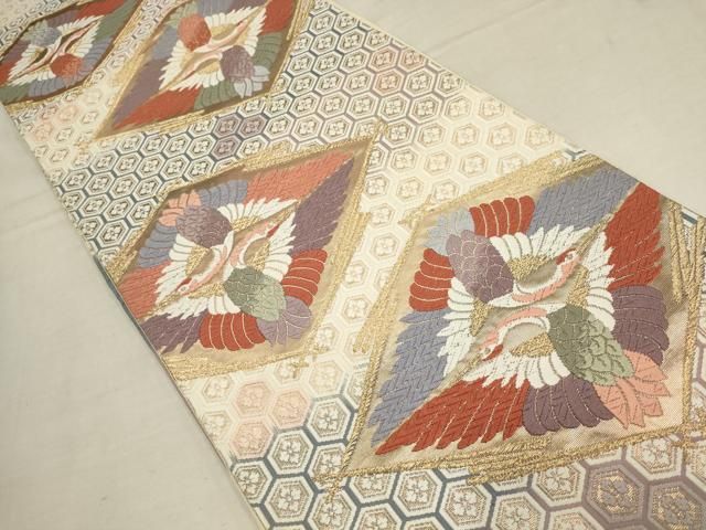 平和屋着物▽六通柄袋帯 唐織 亀甲花菱文 鶴 金糸 正絹 逸品
