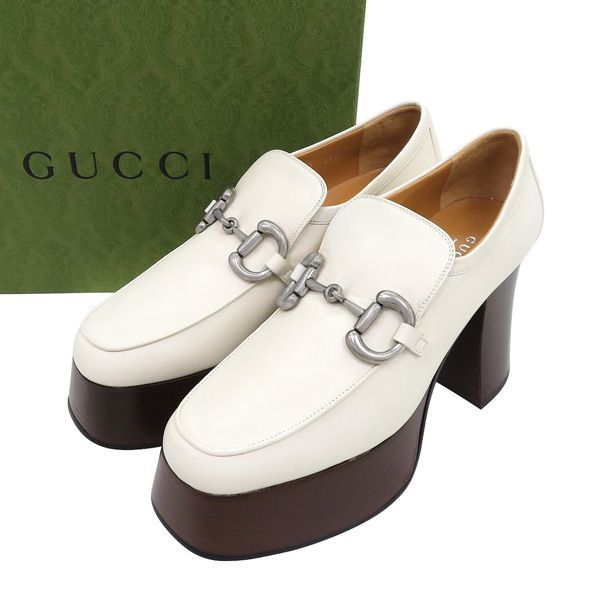サイズ37 GUCCI グッチ ホースビット レザー ローファー プラットフォーム パンプス 白 ホワイト あり 47489