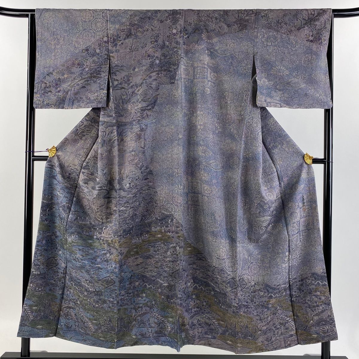 訪問着 身丈151cm 裄丈63cm S 袷 前田仁仙 落款 建物 橋 灰紫 正絹 美  