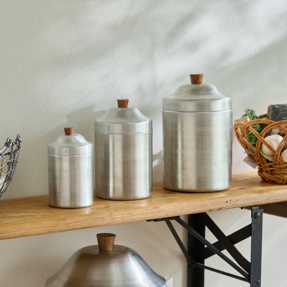 ノスタルジックなアルミのキャニスター 3サイズ ノスタルジックな雰囲気漂う 木の温もりが感じられるアルミキャニスター なS M Lセット