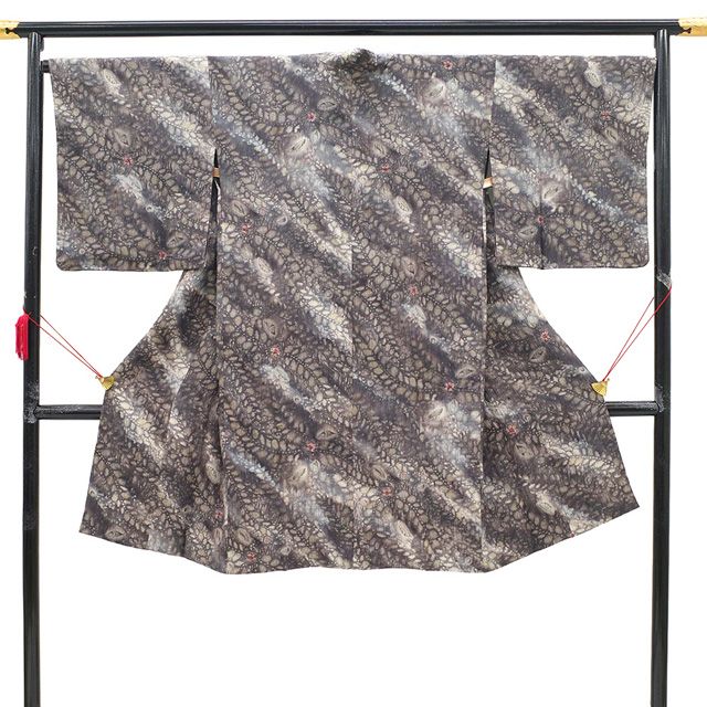 新古品 着物衿 コート ♥ 正絹 袷 辻が花 絞り 濃グレー 手染め 上 カジュアル 春 秋 冬 着物衿コート グレー ひさえ紐 仕立て上がり 身丈115 裄丈67.5 Lサイズ ハオリモノ みやがわ sb16481