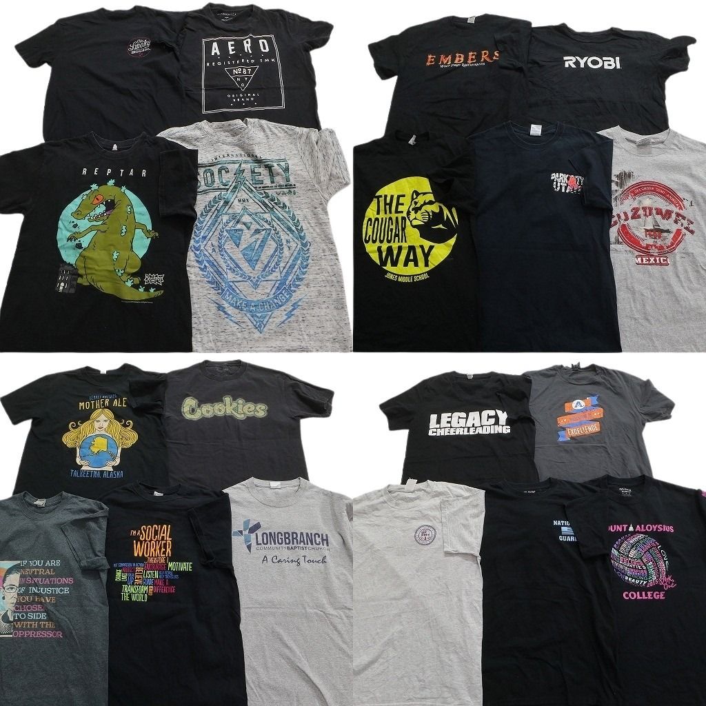 古着卸 まとめ売り 黒・グレー ボディ プリント 半袖Tシャツ 19枚セット (メンズ M ) エアロポステール 英文字プリント 中古 古着 MX9915