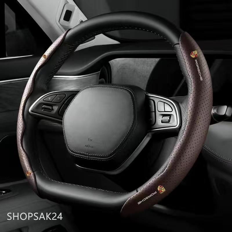 ポルシェ PORSCHEモカブラウンハンドルカバー ハンドル保護 専車ロゴ ステアリングカバー レザー 滑り止め D型 O型 分割 タイプ Z4KQ617