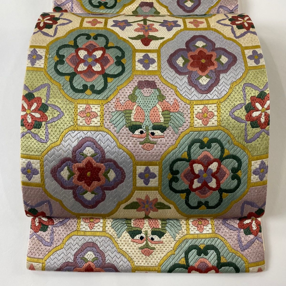 ル 年末のプロモーション 袋帯 逸品 華文 草花 絽刺し 金糸 ベージュ 全通 正絹 【中古 着物・浴衣