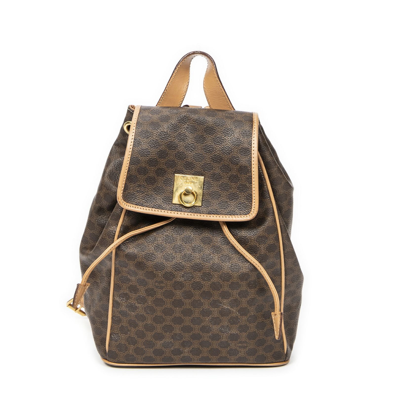 CELINE セリーヌスモール巾着フラップバックパックベージュ|ブラウンマカダムPVCキャンバスA