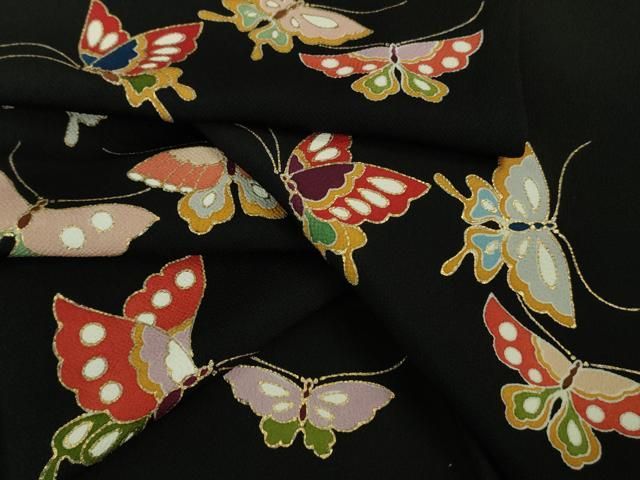 平和屋本店□極上 訪問着 舞蝶文 黒地 金彩 鬼しぼ縮緬 高島屋扱い