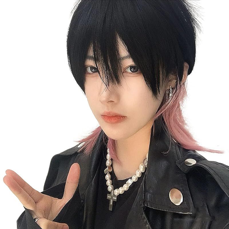 FESHFEN ウィッグ メンズ かつら ショート ウルフ インナーカラー フルウィッグ 男装 黒 男性 原宿 イケメン ハンサム 自然 小顔 耐熱 人気 ファッション イメチェン 男女兼用 短髪 ネット/櫛付