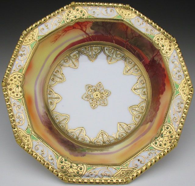 期間限定セール★美品★オールドノリタケ エナメル ジュール 栗絵脚付ボウル ノリタケ オールドノリタケ 金盛りエナメルジュール海辺風景絵