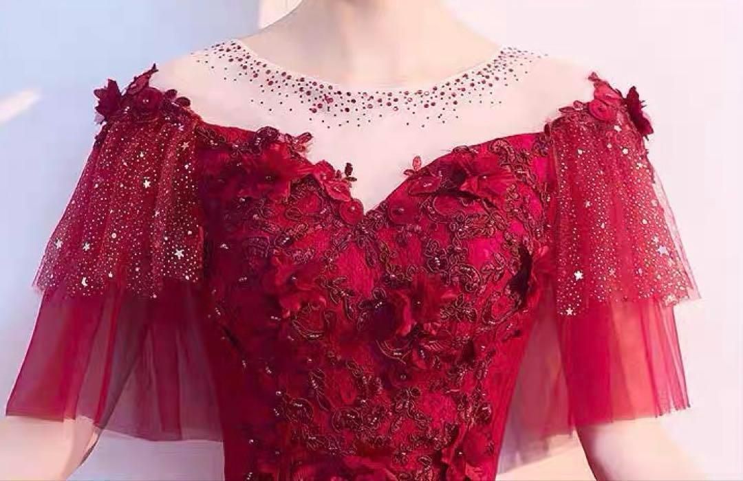花柄レッドロングドレス♡結婚式パーティー演奏会に♩半袖ゴージャス 花柄レッドロングドレス 結婚式パーティー パーティードレス