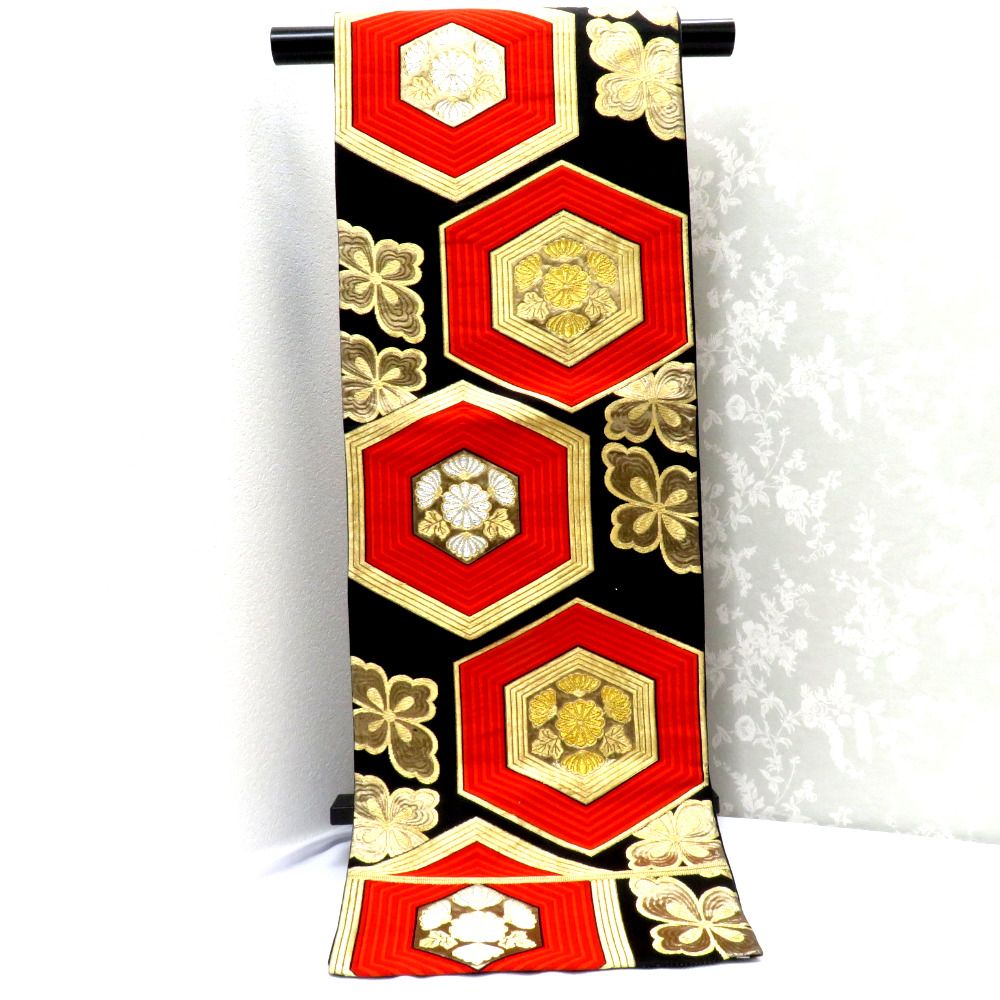 袋帯 黒 金 赤 銀 亀甲 花 六通柄 正絹 仕立て上がり フォーマル 長さ