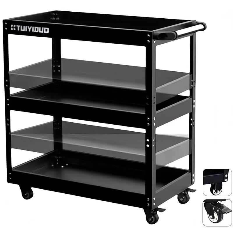TUIYIDUO 三段 耐荷重200kg 合金鋼 ツールカート 工具ワゴン 高さ調節 工具カート ドライバーホルダー 工具箱 ツールボックス キャスター付き 工具収納 運搬 厚み 作業 ガレージ 倉庫 修理工場用 ツールボックス 360°工 1