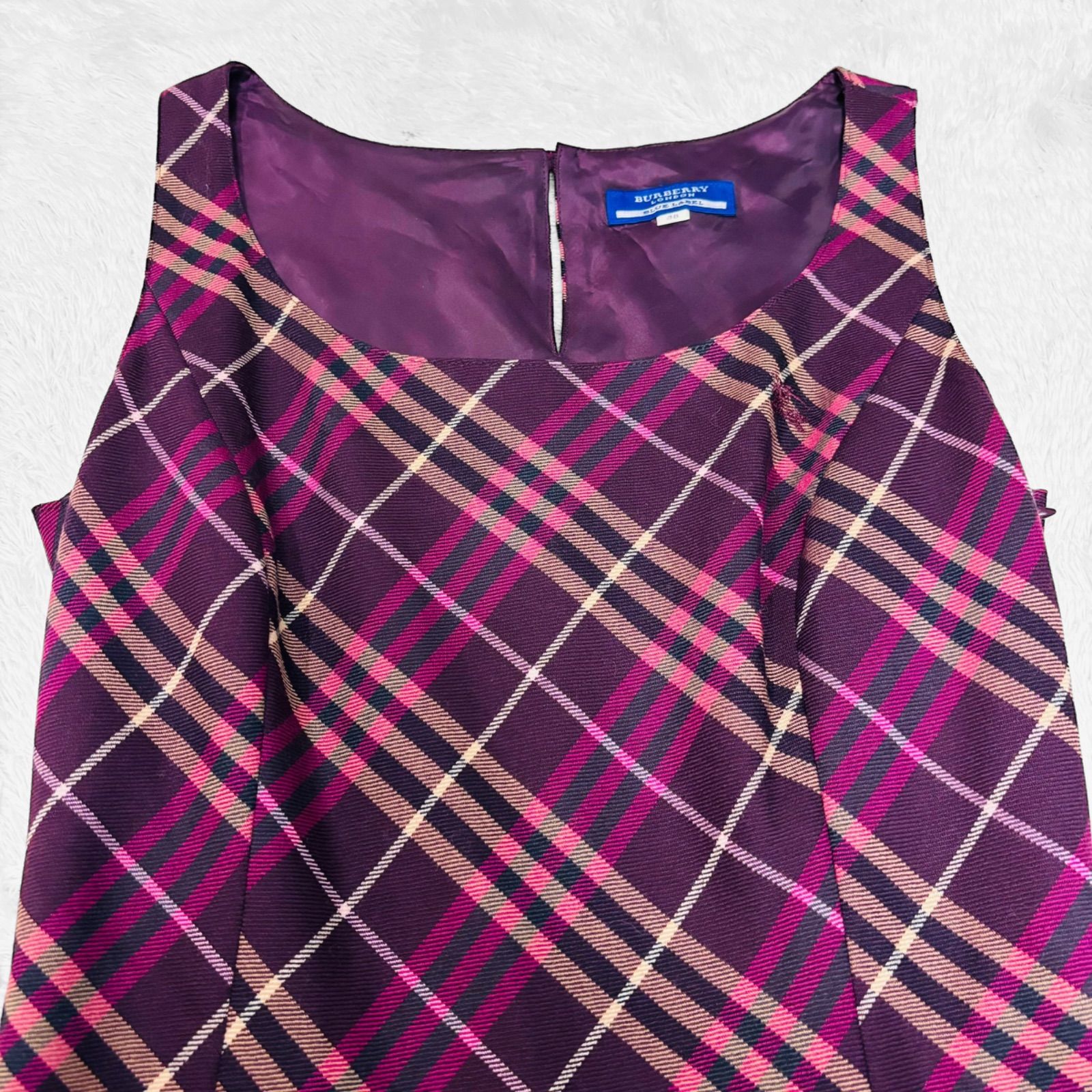 バーバリーブルーレーベル ノースリーブワンピース ノバチェック レザー プリーツ BURBERRY BLUE LABEL ノバチェック柄 ノースリーブワンピース