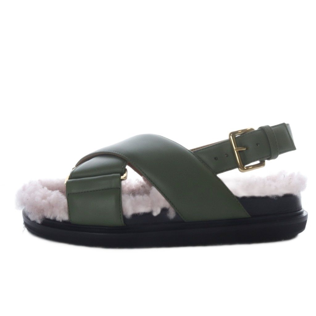 マルニ MARNI サンダル フラット ファー ストラップ レザー 37 カーキ FBMS008701 /YO2