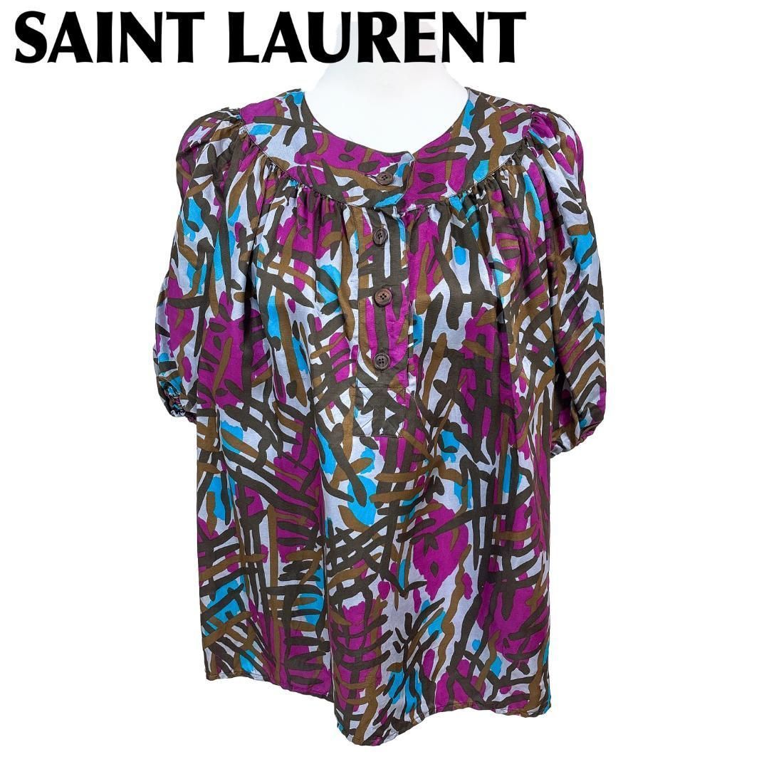 SAINT LAURENT 半袖トップス プルオーバー 34 紫×水色×グレー