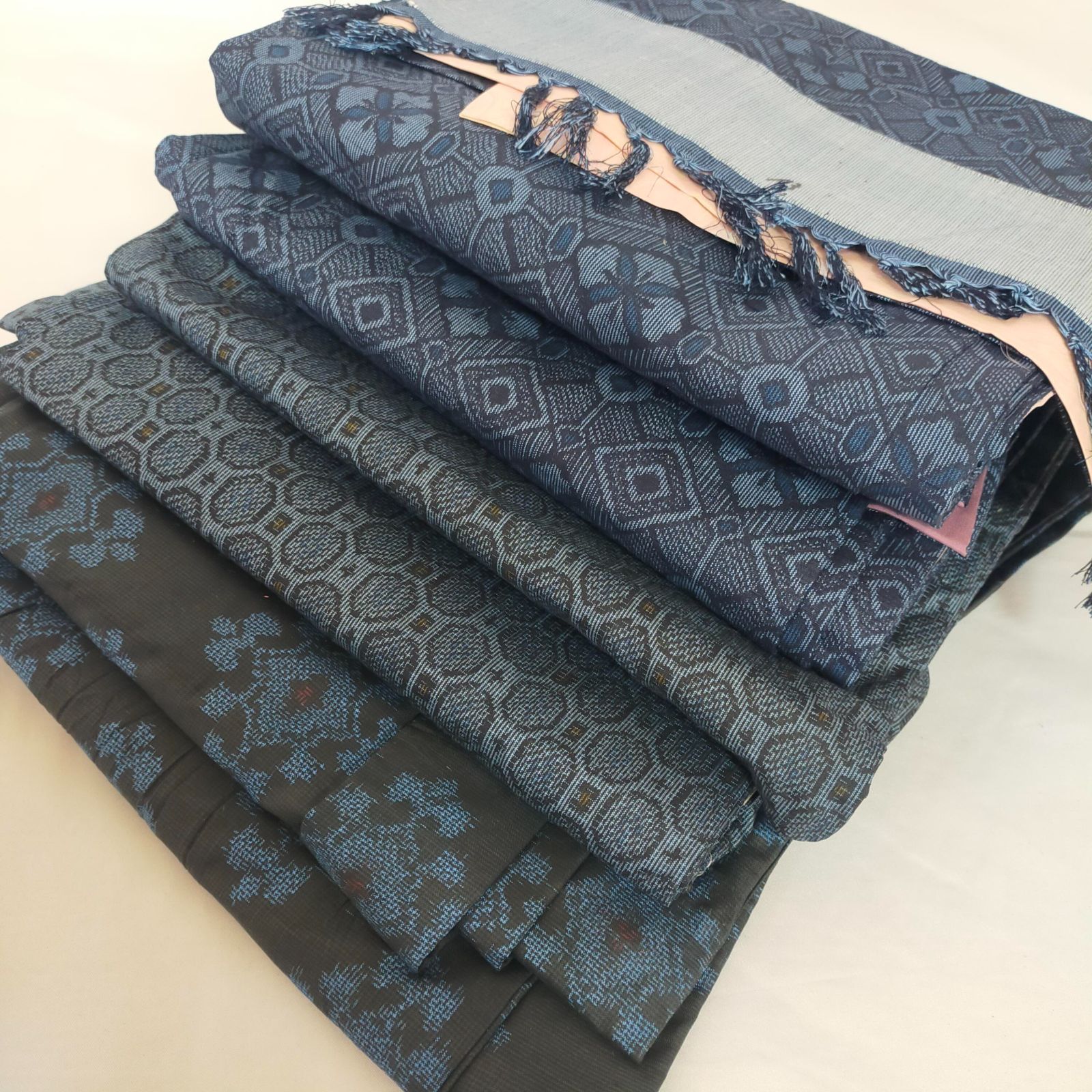 s-018 青系 大島紬 アンサンブル 3セット 着物と羽織り まとめ6着 紬