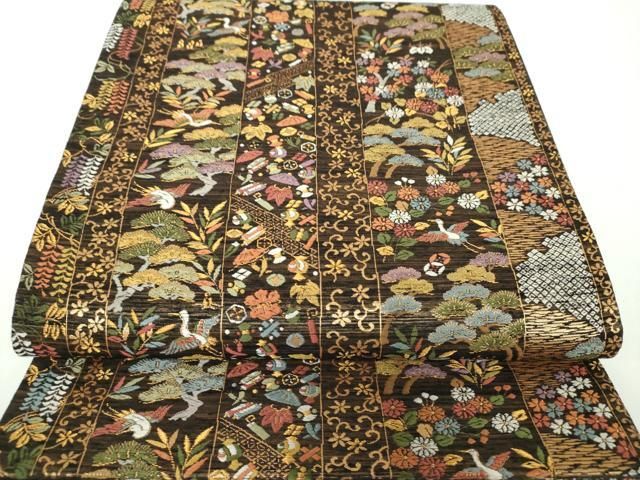 平和屋着物○六通柄袋帯 唐織 宝尽くし飛鶴花間道 金糸 正絹 逸品