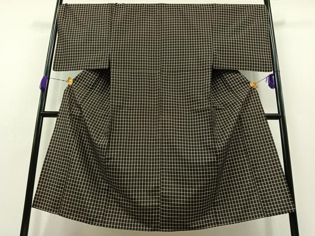 平和屋着物 男性 紬 単衣 格子 黒地 正絹 jh