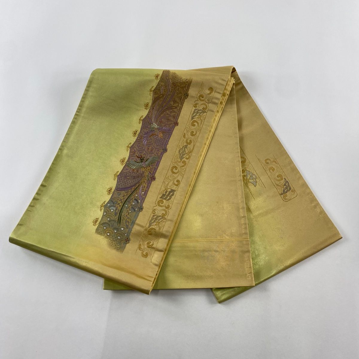 袋帯 秀品 鳳凰 有職文様 刺繍 金糸 金色 お太鼓柄 正絹 【中古