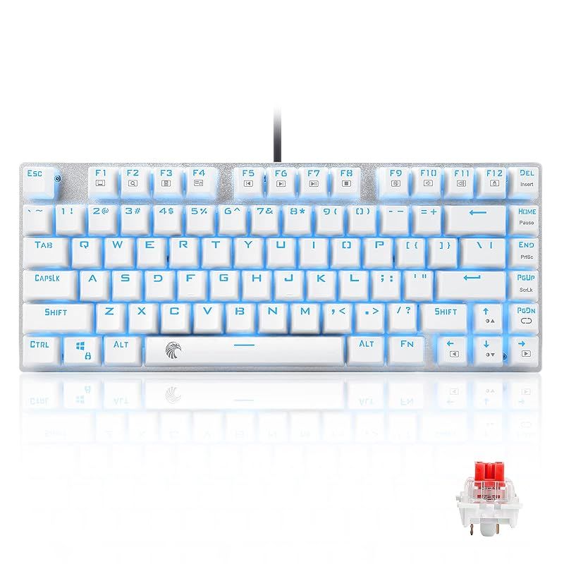e元素ゲーミングキーボード81キー 赤軸メカニカル式キーボード USB接続有線 アンチゴーストキー 青色LEDバックライト 防水機能付きゲーマー向け英語配列キーボード (赤軸・ホワイト) 1