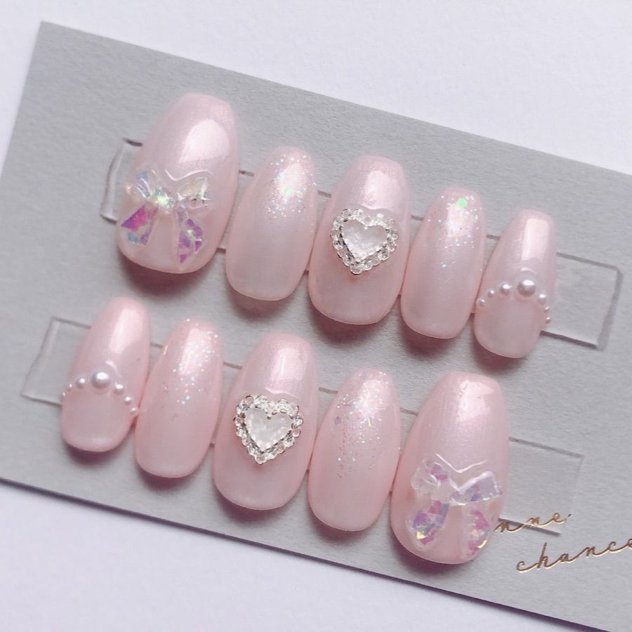 現品/サイズオーダー】ネイルチップ リボン ハート オーロラ うるうる  