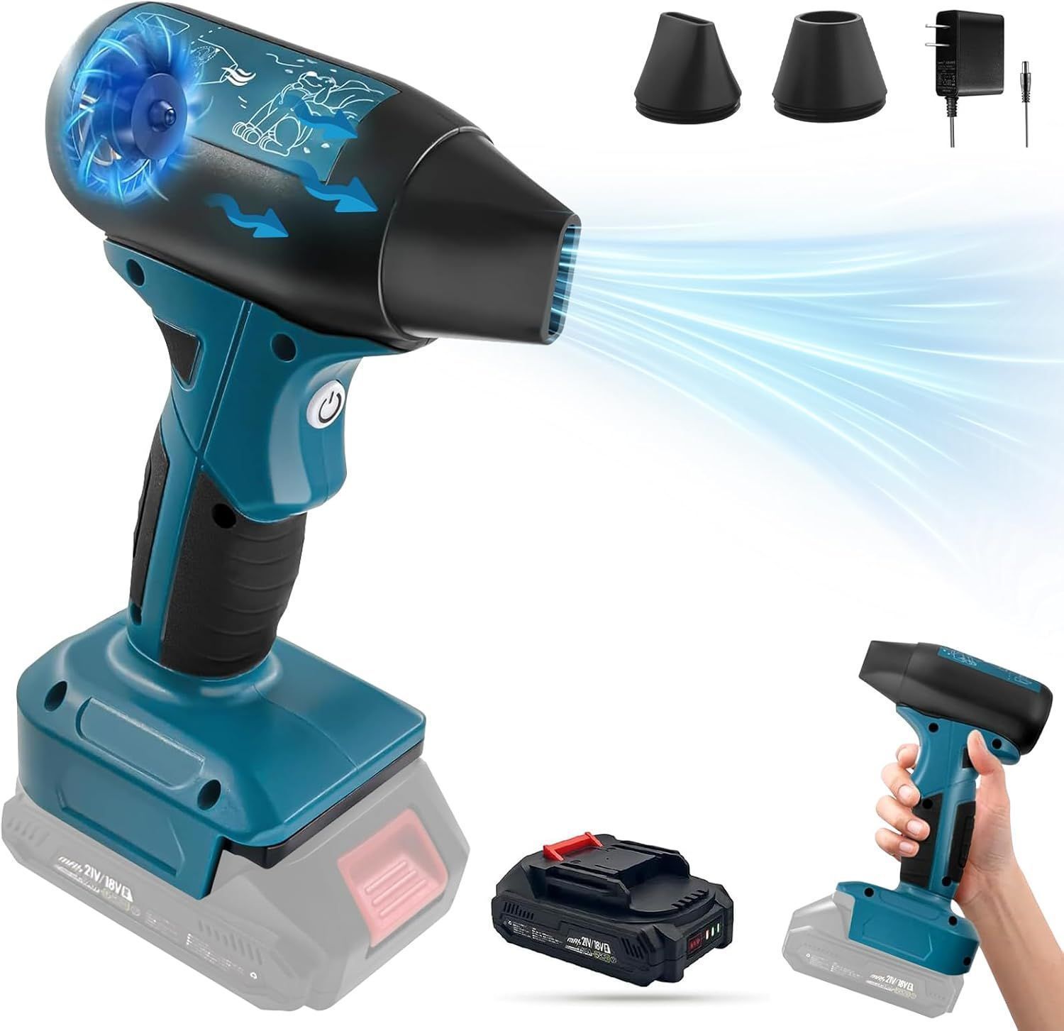 エアダスター 電動 ブロワー 洗車 最強 180W 高効率 130000RPM 4段階風力調整 バッテリー付き マキタ18V|21V互換バッテリー対応 7500mAh 長時間作業 電動エアダスター 充電式 小型 2種類のノズル付き